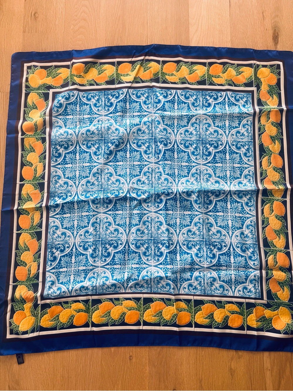 Made in Italy Blue Lemon Tile Print Satin Scarf 35”